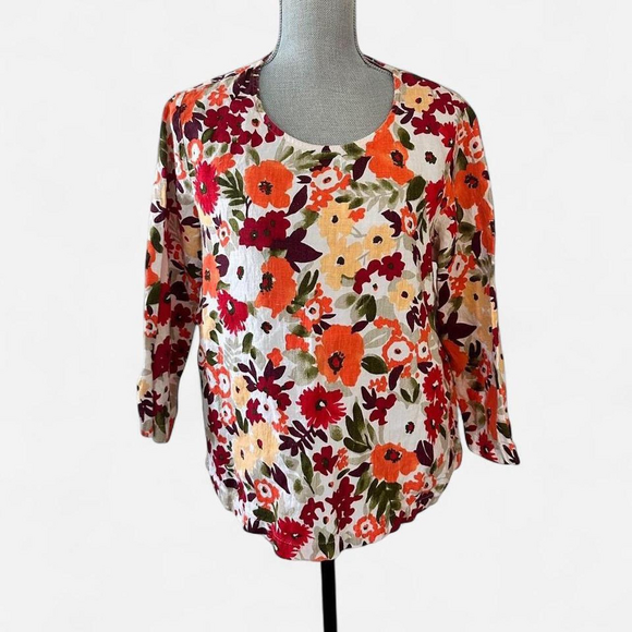 Hot Cotton 100% linen floral poppies 3/4 oversized boxy blouse coastal grandma - Picture 2 of 8